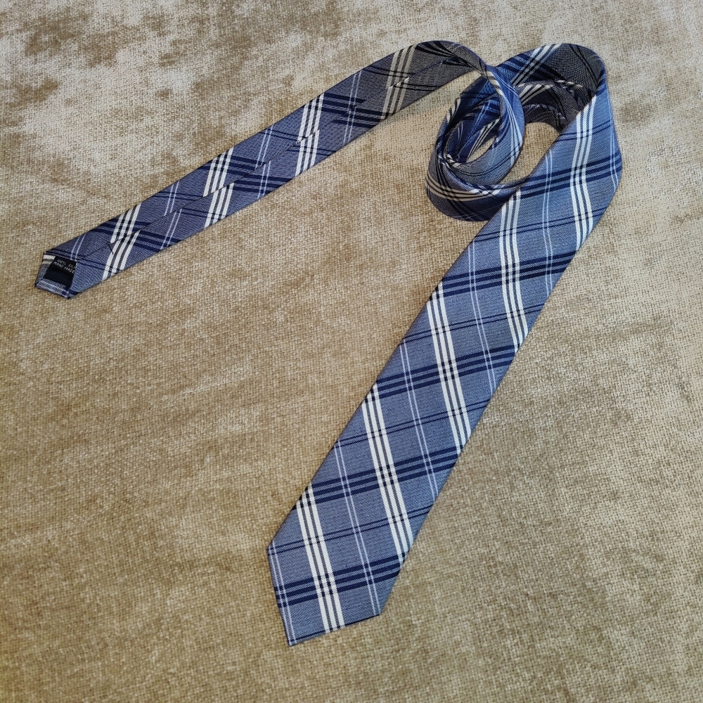 Like New Combatant Gentleman Classic Blue Silk Plaid Tie, Hand Made